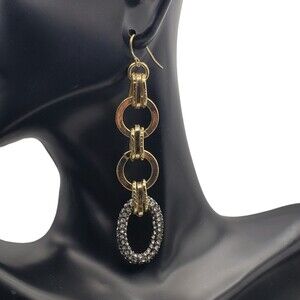 Gunmetal Gray Pave Rhinestone Gold Tone Link Dangle Drop Hook Earrings